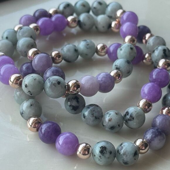 Lepidolite kiwi jasper rose gold tone ONE NEW stretch bracelet crystal stone med - Picture 5 of 10